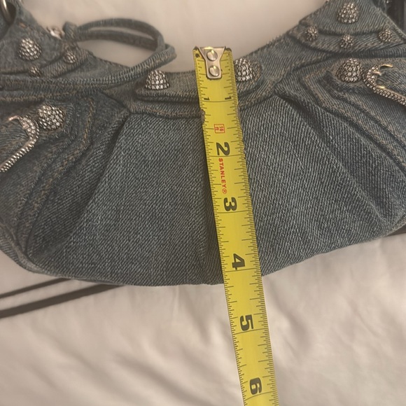 BALENCIAGA 
WOMEN'S LE CAGOLE XS SHOULDER BAG DENIM IN BLUE WITH CRYSTALS - Picture 14 of 14